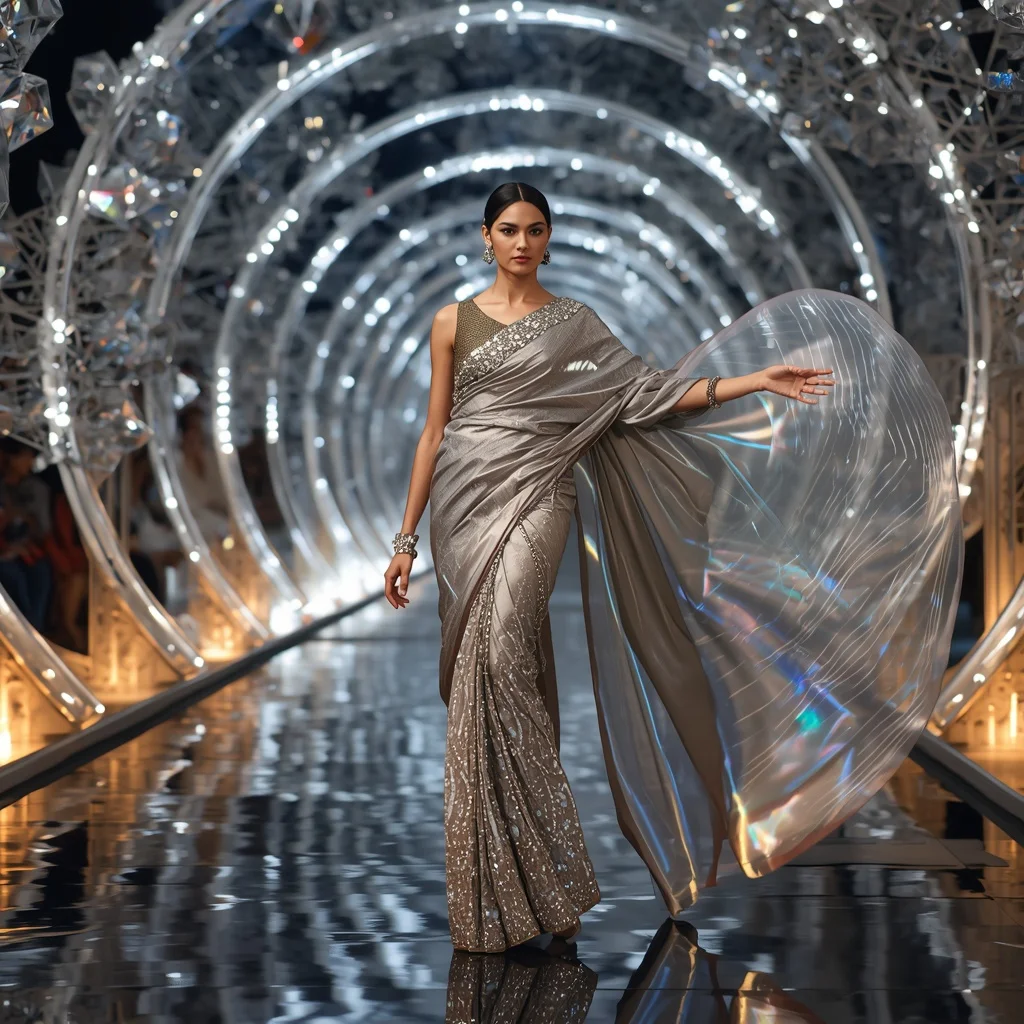Floating Crystal Fashion Tunnel Saree with Luxury Light Corridor Kingdom | Flux Ai Prompt