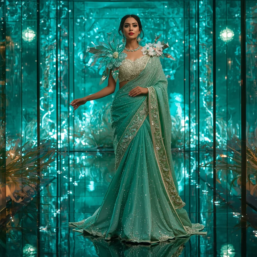 Floating Crystal Garden Galaxy Saree with Aqua Reflection Palace | Makeup Ai Prompt
