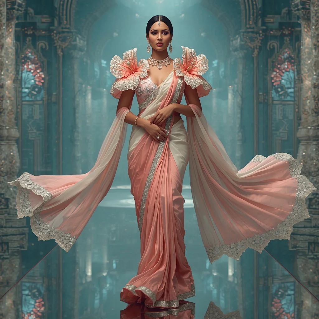 Floating Crystal Hibiscus Kingdom Saree with Aqua Reflection Empire | Gemini Photo Prompt