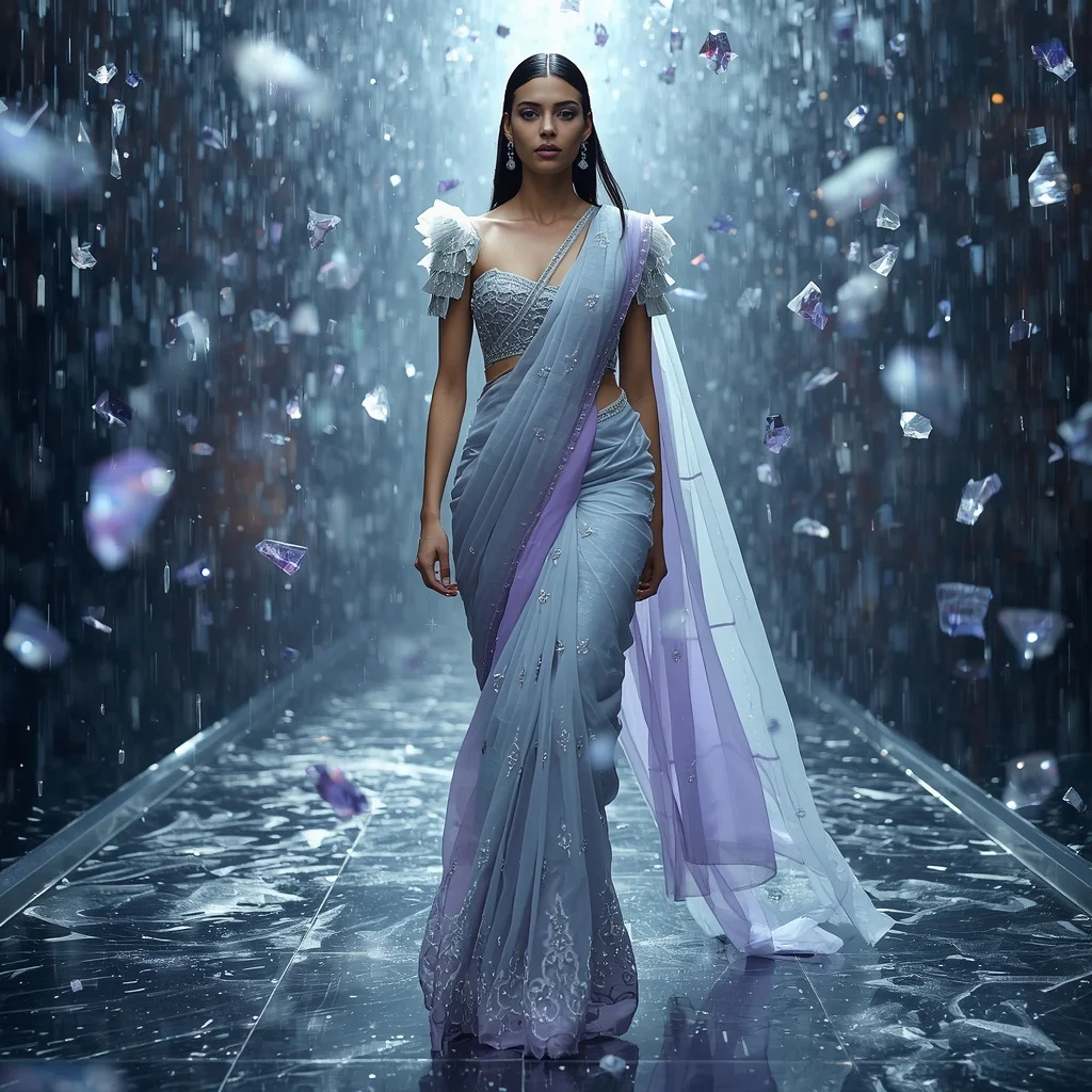 Floating Crystal Rain Saree with Zero Gravity Storm Field | South Indian Prompt For Gemini Girl Instagram