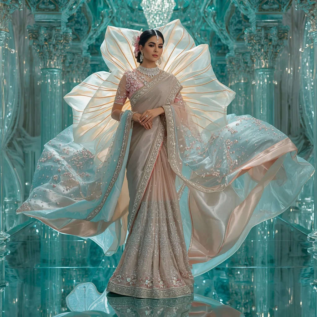 Floating Crystal Tulip Dome Saree with Aqua Reflection Empire | Copy Paste Ai Prompt