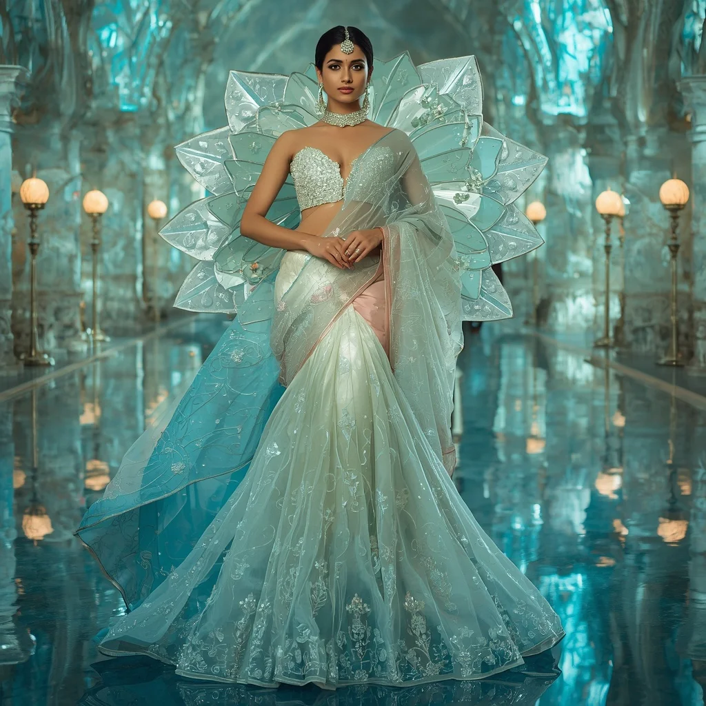 Floating Crystal Water Lily Palace Saree with Aqua Reflection Citadel | Instagram Influencer Ai Prompt