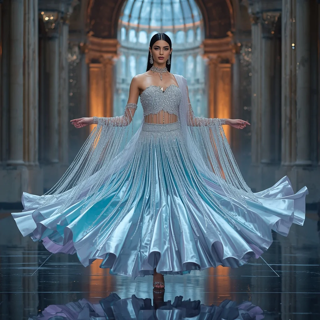 Floating Crystal Waterfall Saree with Dream Reflection Cathedral | Gemini Traditional Saree Prompt In English