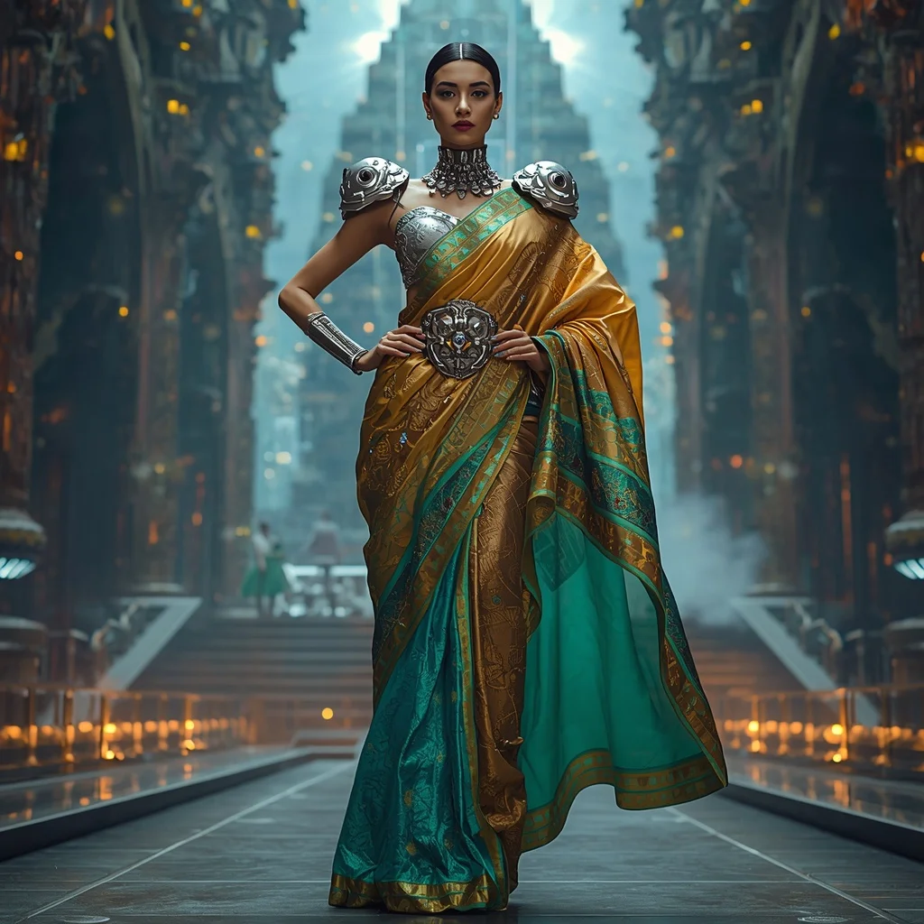 Floating Cyber Temple Saree with Neon Sacred Machinery | Traditional Prompt For Gemini Ai Girl Instagram