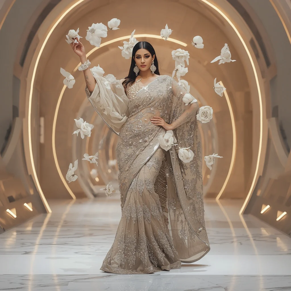 Floating Diamond Peony Saree with Luxury Curved Gallery | Prompt AI For Girl