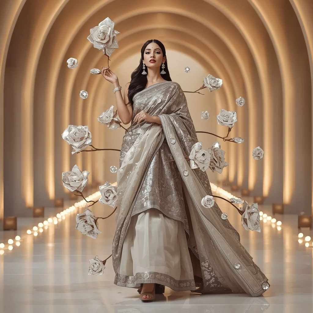 Floating Diamond Rose Saree with Luxury Curved Pavilion | Prompt Generator