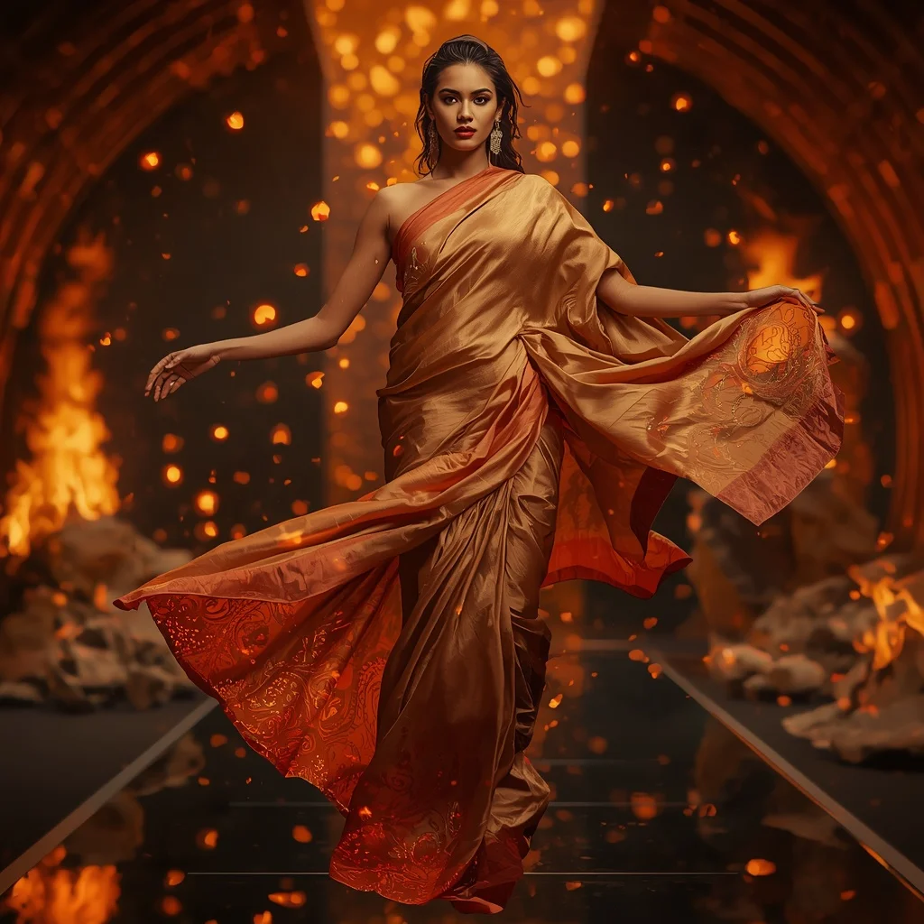 Floating Ember Silk Saree with Gravity Fire Chamber | Trending Girl Photo Prompt