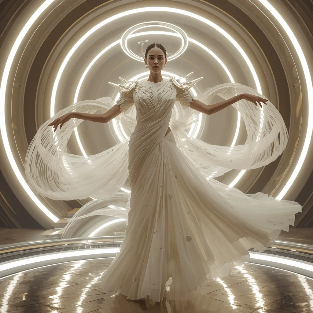 Floating Fabric Halo Saree with Circular Orbit Drapes | Creative Ai Prompt