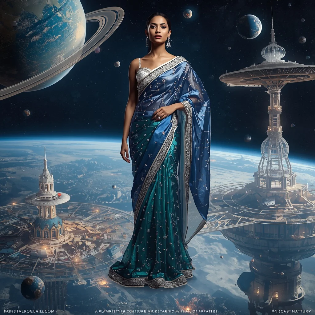 Floating Glass Planet Saree with Orbiting Luxury Cities | Selfie Prompt