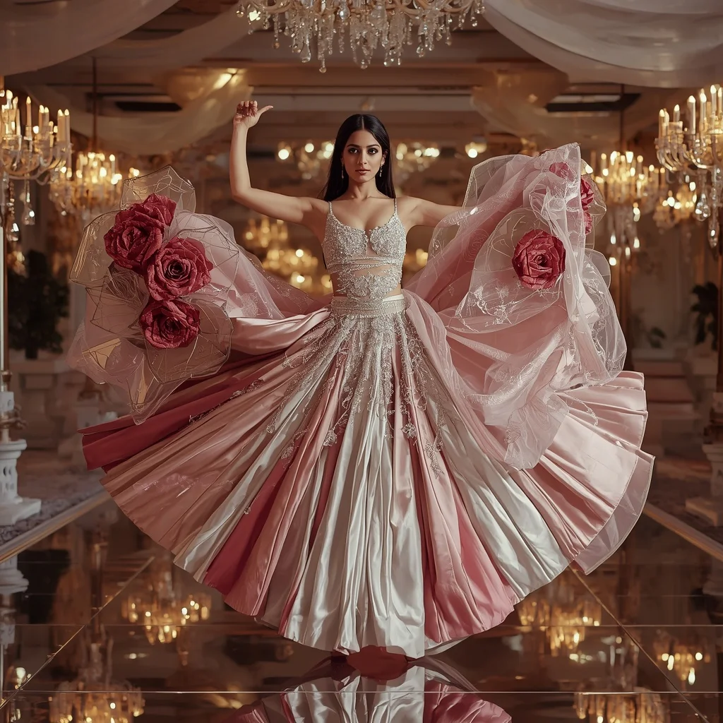 Floating Glass Rose Crystal Saree with Romantic Celestial Infinity Ballroom | Makeup Ai Prompt