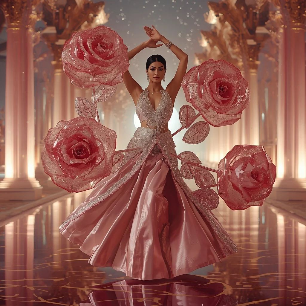 Floating Glass Rose Crystal Saree with Romantic Infinity Universe | Prompt For Saree Look For Girl