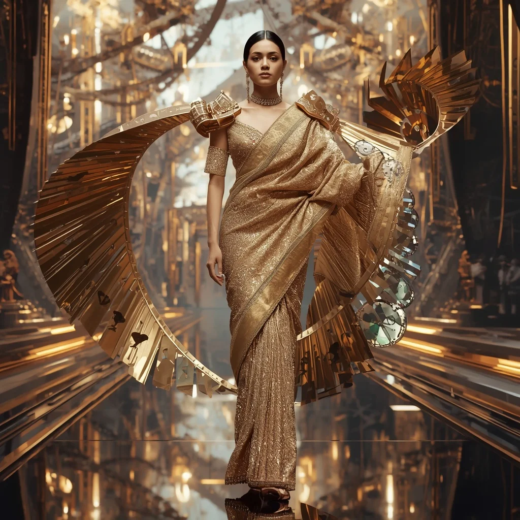 Floating Luxury Crystal Clock Saree with Time Spiral Metropolis | Travel Ai Prompt