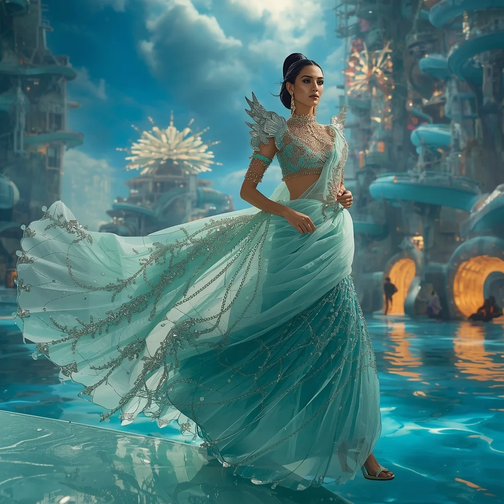 Floating Luxury Crystal Waterpark Saree with Spiral Aqua Architecture | Prompt Seen Girl Photo Editing