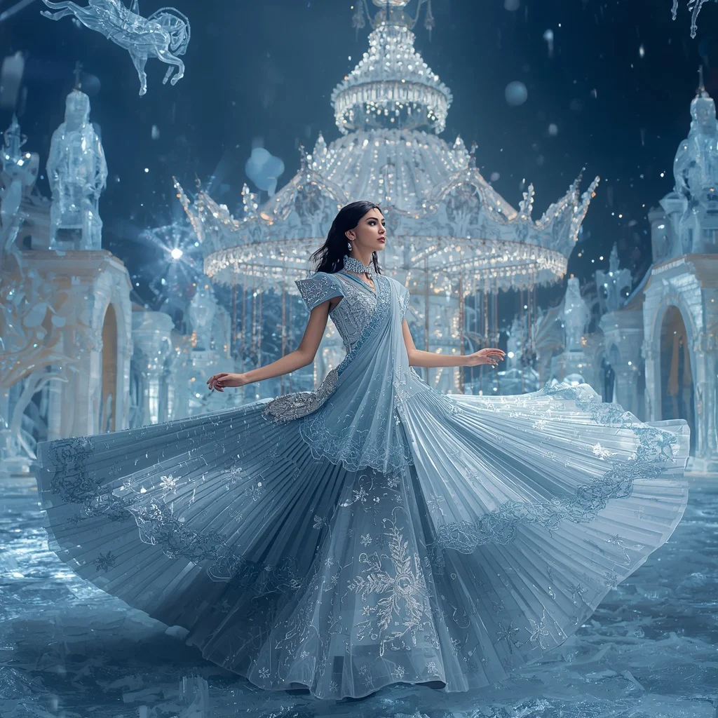Floating Luxury Ice Carousel Saree with Crystal Winter Festival | Prompt For Gemini