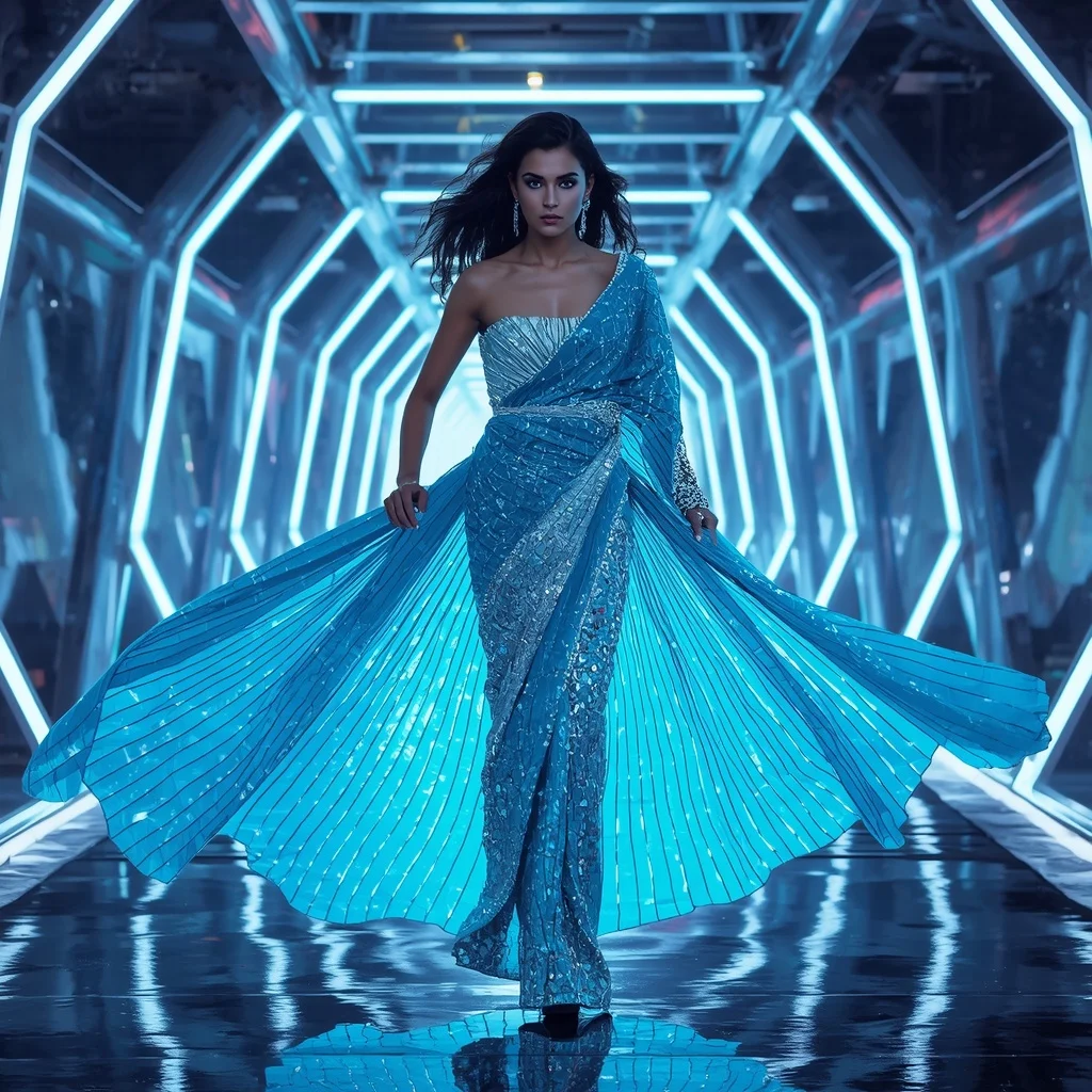 Floating Luxury Neon Tunnel Saree with Infinite Light Highway | Instagram Reel Ai Prompt