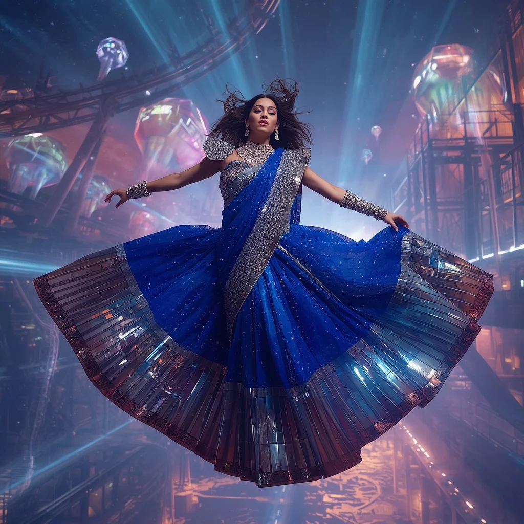 Floating Luxury Observatory Saree with Giant Crystal Rollercoaster Galaxy | Desi Girl Ai Prompt