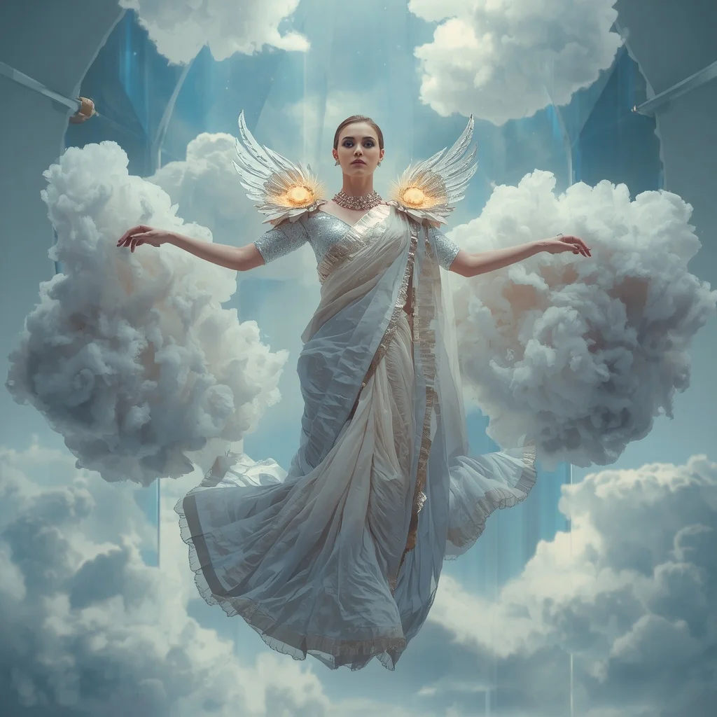 Floating Metallic Feather Cloud Saree with Sky Chamber | Instagram Photography Ai Prompt