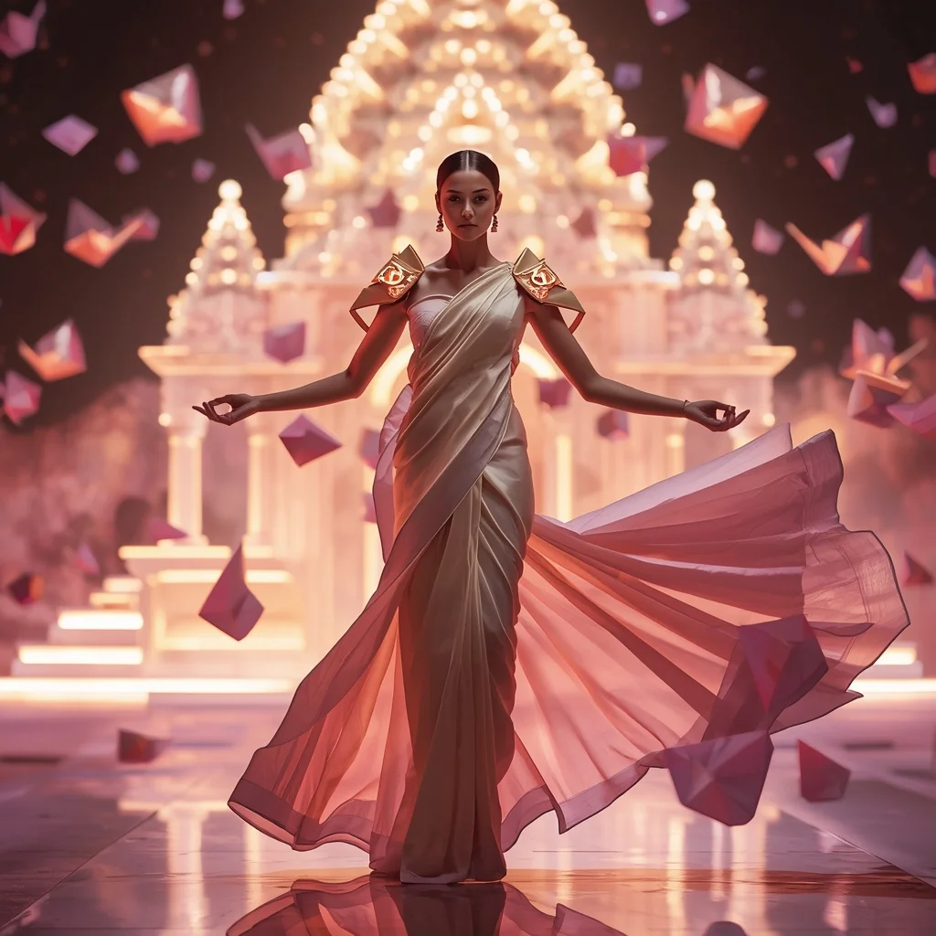 Floating Origami Light Temple Saree with Neon Sacred Geometry | Prompt Seen Trending Girl 2026 Instagram