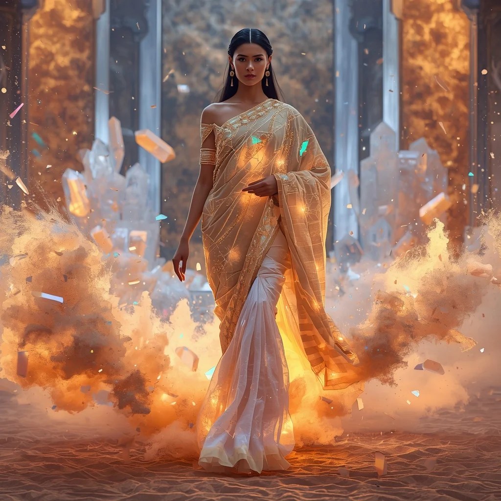 Floating Prism Sand Saree with Crystal Desert Storm | Prompt Gemini Ai