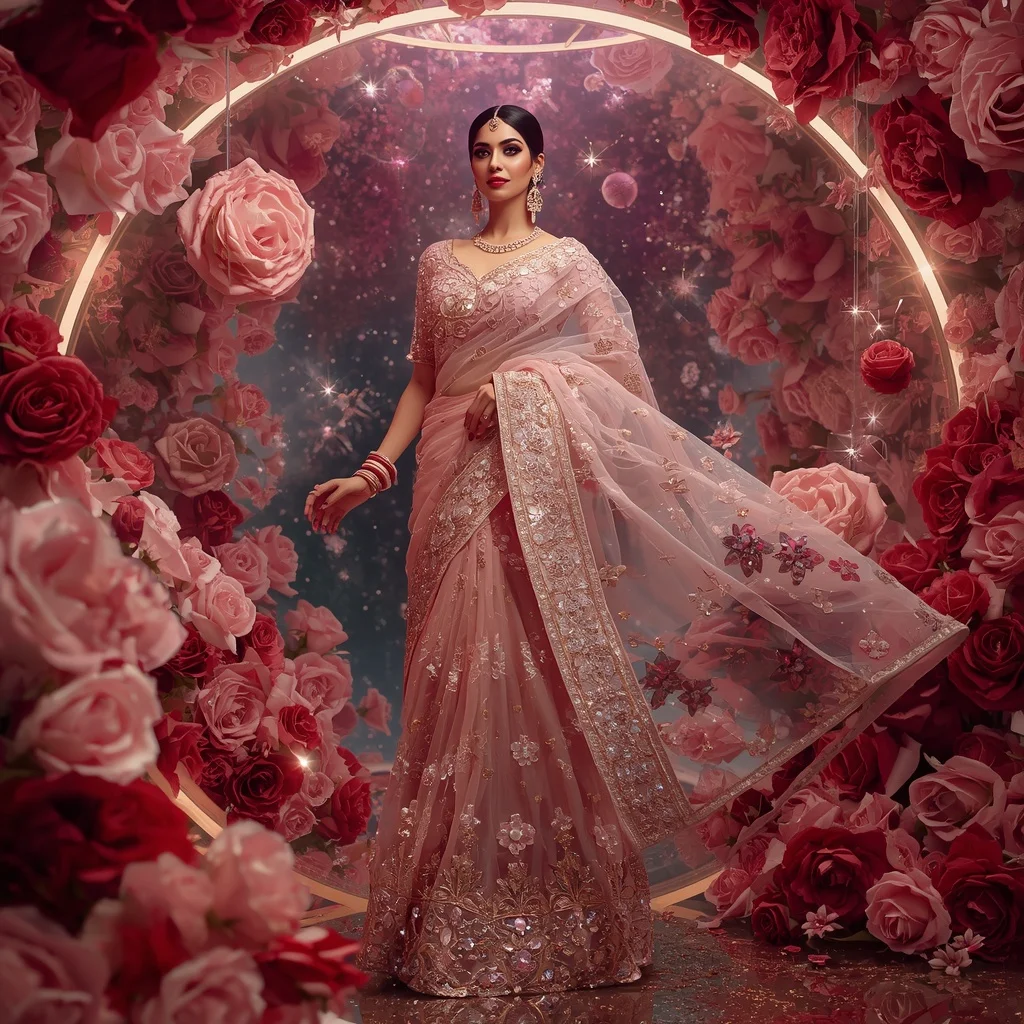 Floating Rose Crystal Cosmos Saree with Luxury Floral Galaxy Fortress | Indian Girl Ai Prompt
