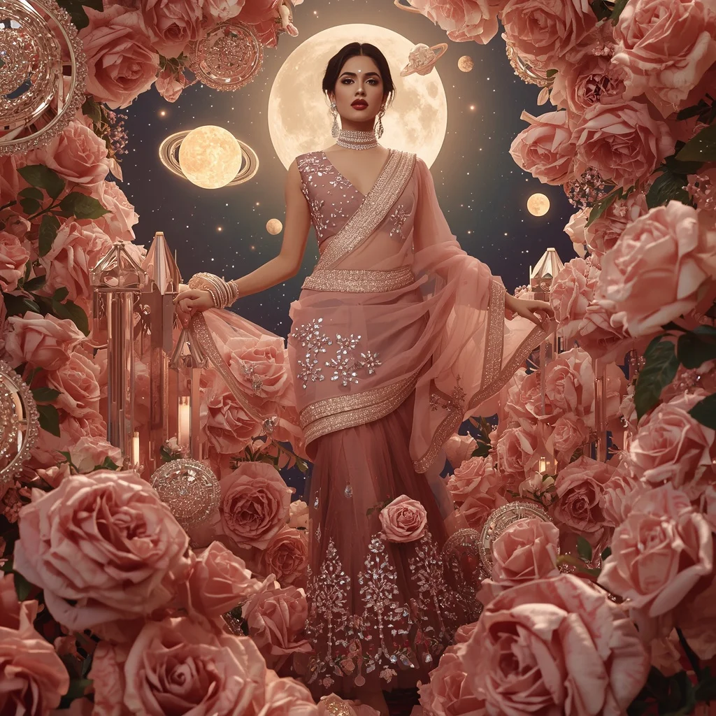 Floating Rose Crystal Galaxy Sun Saree with Luxury Floral Cosmos | Prompt Seen Girl Lehenga