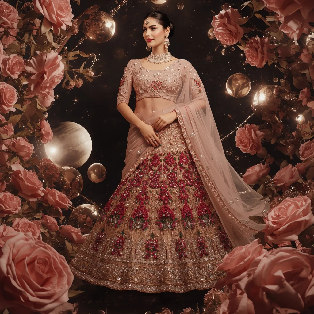 Floating Rose Crystal Planet Empire Saree with Luxury Floral Cosmos | Wedding Ai Prompt