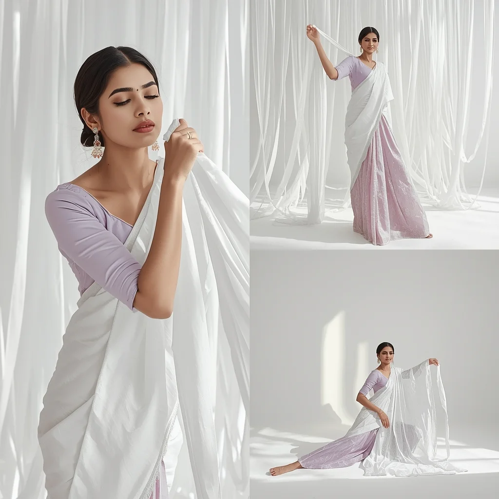 Floating White Silk Ribbons High Key Daylight Storyboard Presentation | Saree Instagram Ai Prompt