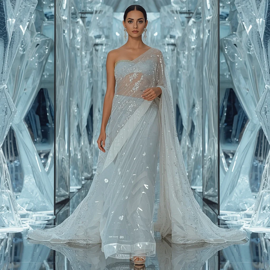 Fractal Glass Origination Saree with Infinite Crystal Expansion Room | Ultra Realistic Ai Prompt