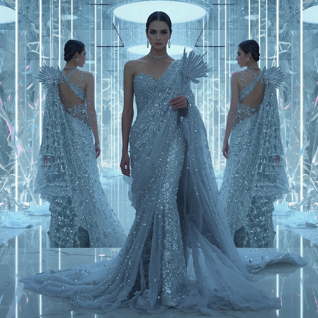 Frost Diamond Royal Saree with Infinite Aurora Mirror Chamber | Instagram Model Ai Prompt