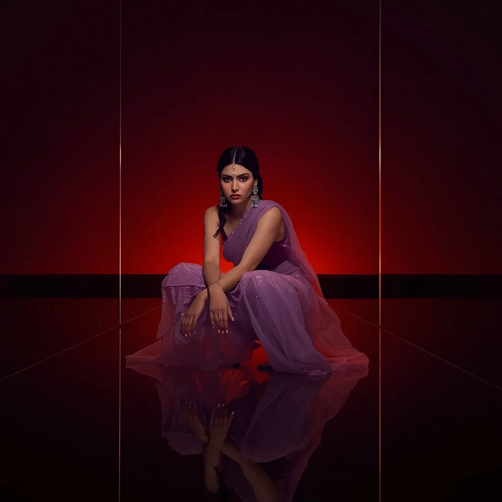 Frosted Lavender Organza Saree – Deep Squat Pose with Sunset Infinity Mirror | Best Prompt Ai For Girl