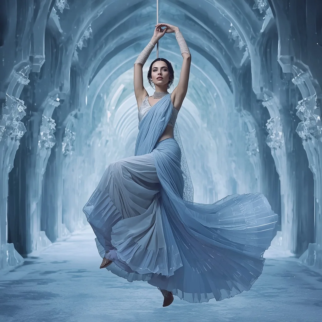 Frozen Aurora Bone Crystal Saree with Ice Cathedral Rift Hall | Banana Prompts Girls