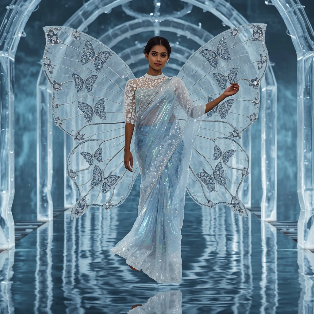 Frozen Crystal Butterfly Saree – Futuristic Glam Saree with Floating Pose and Crystal Butterfly Reflection Hall Background | Prompt For Girls College Ai Photo Editing