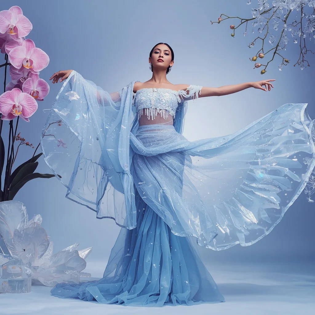 Frozen Crystal Orchid Frostveil Saree – Elegant Ice Couture Saree with Floating Ballet Pose and Orchid Frostveil Garden Background | Leonardo Ai Image Prompt