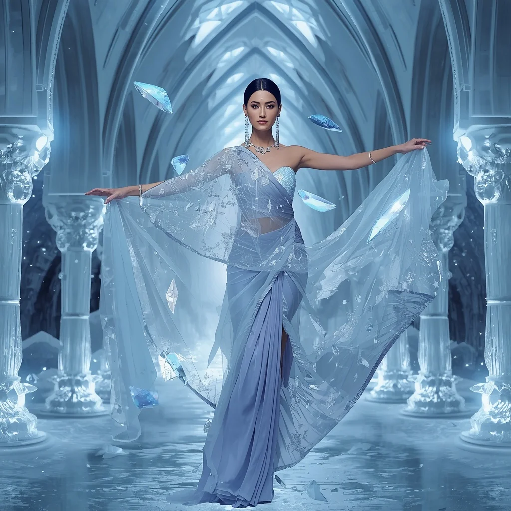 Frozen Crystal Rift Saree with Ice Dimension Cathedral | Prompt AI For Girl
