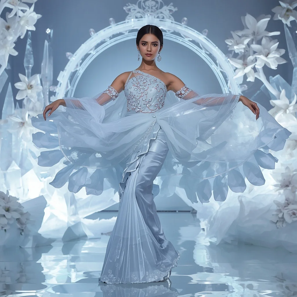 Frozen Crystal Sakura Dominion Bloom Saree – Elegant Ice Couture Saree with Floating Ballet Pose and Sakura Dominion Crystal Garden Background | Desi Girl Ai Prompt