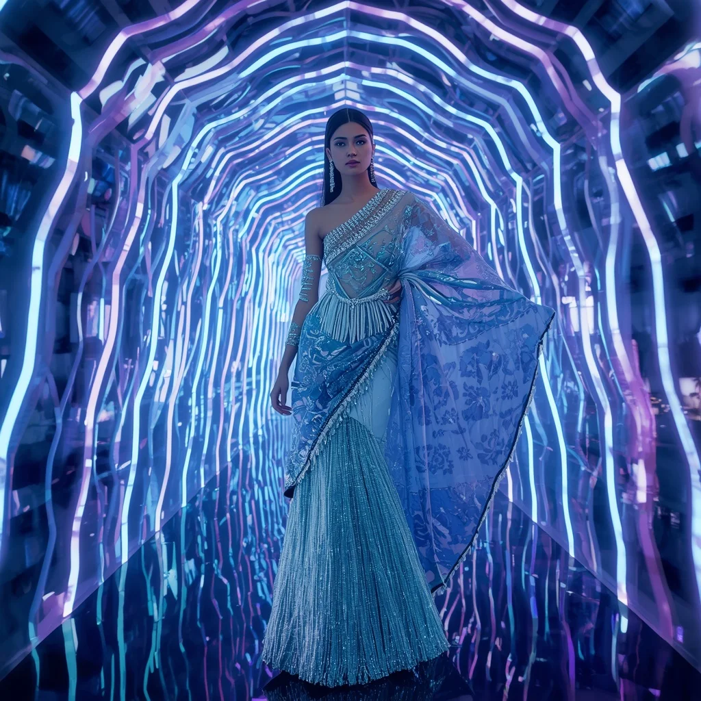 Frozen Diamond Galaxy Saree with Neon Wave Infinity Palace | Instagram Story Ai Prompt