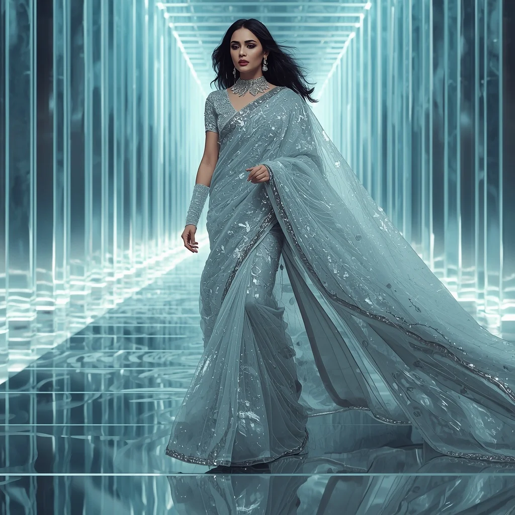 Frozen Diamond Mirage Saree with Crystal Beam Reflection Infinity Orbit Hall | Cute Ai Prompt