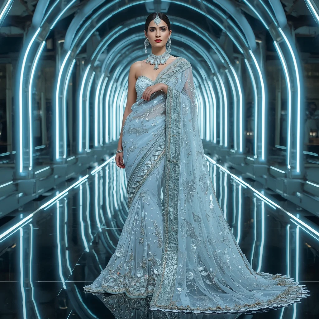 Frozen Diamond Nova Saree with Infinity Ice Orbit Palace | Aesthetic Ai Prompt