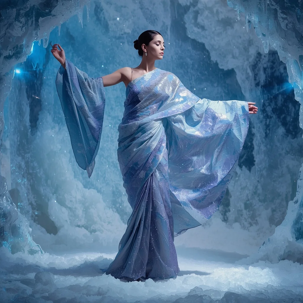 Frozen Quantum Silk Saree with Ice Rift Void Dome | Gemini Ai Photo