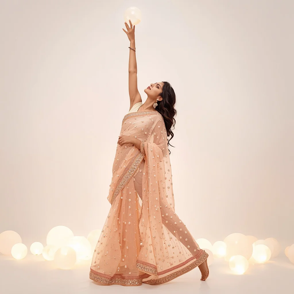 Full Body Bright Pearl Transparent Glowing Spheres Reaching Up | Prompt For Girl In Saree Pic Chatgpt