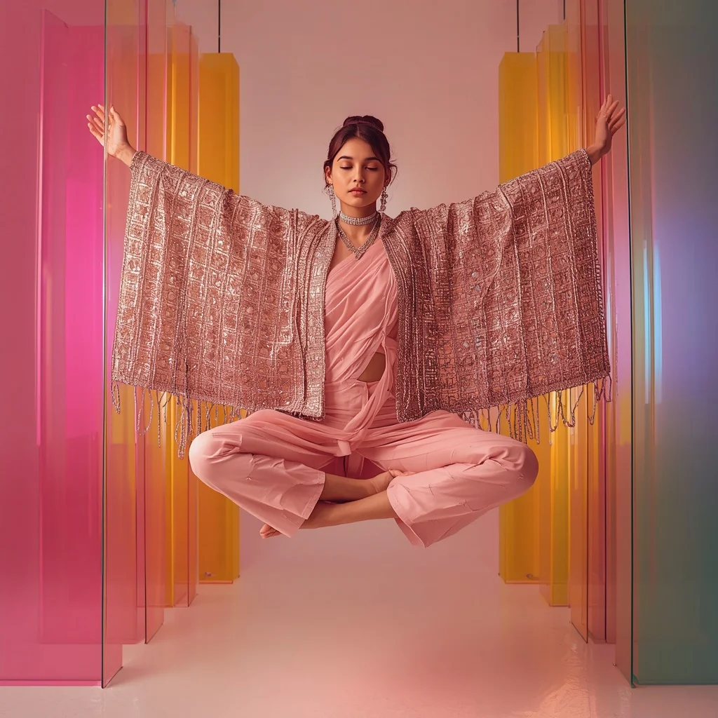 Full Body Dense Diamond Mesh Pastel Pink Saree Floating Pose | Style Ai Prompt