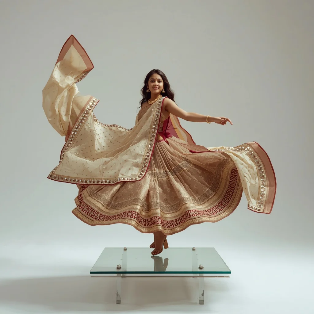 Full Body Dynamic Saree Twirl on Floating Glass Platform | Whatsapp Dp Ai Prompt