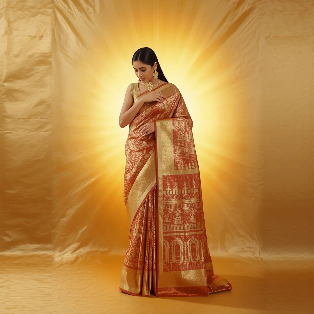 Full Body Graceful Saree Pallu Adjustment Pose on Golden Silk Aura | Instagram Model Ai Prompt