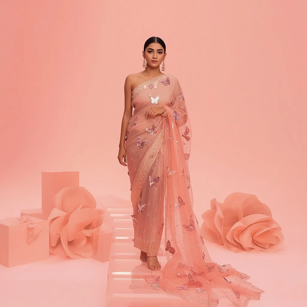 Full Body Lite Blush Clear Floating Stepping Stones Downward Walk | Retro Style Prompt For Gemini Girl In Saree In English