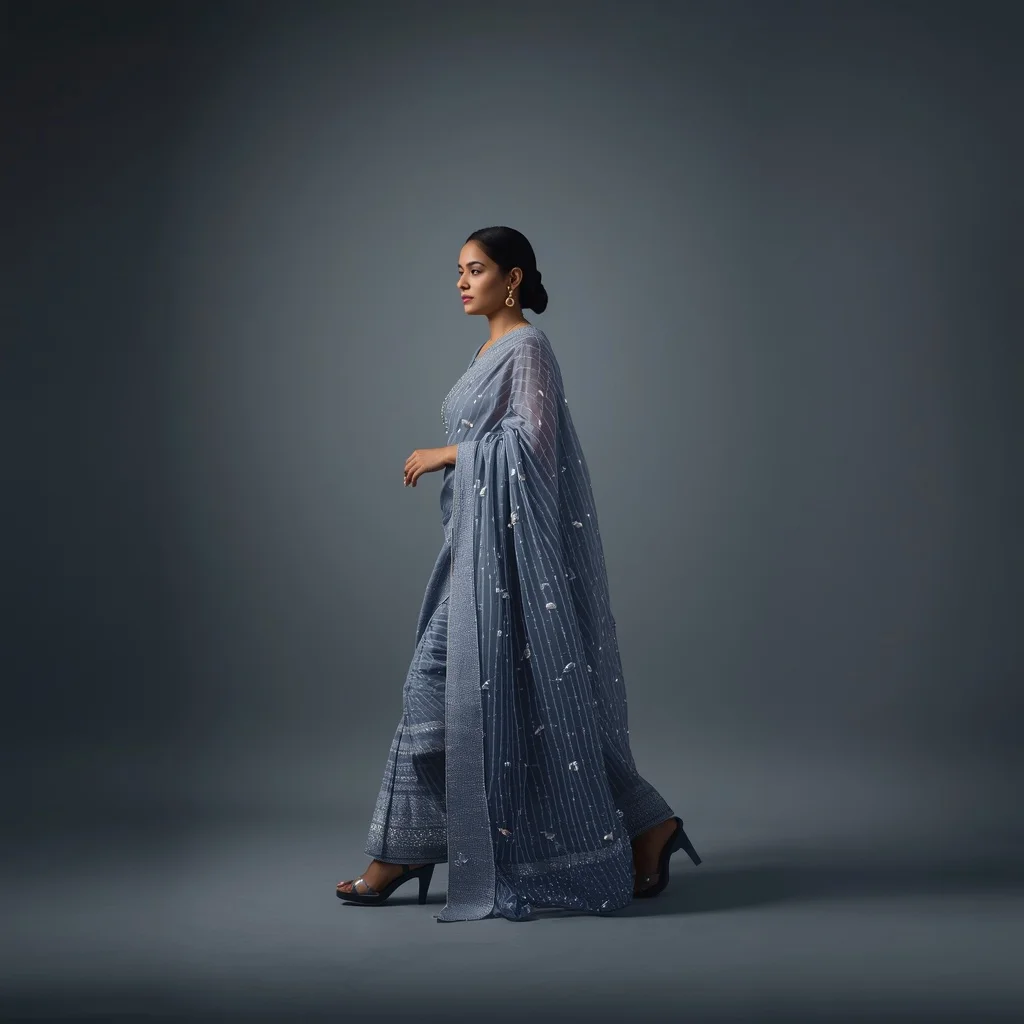 Full Body Minimalist Saree Walk with Bioluminescent Aura | Image Prompt