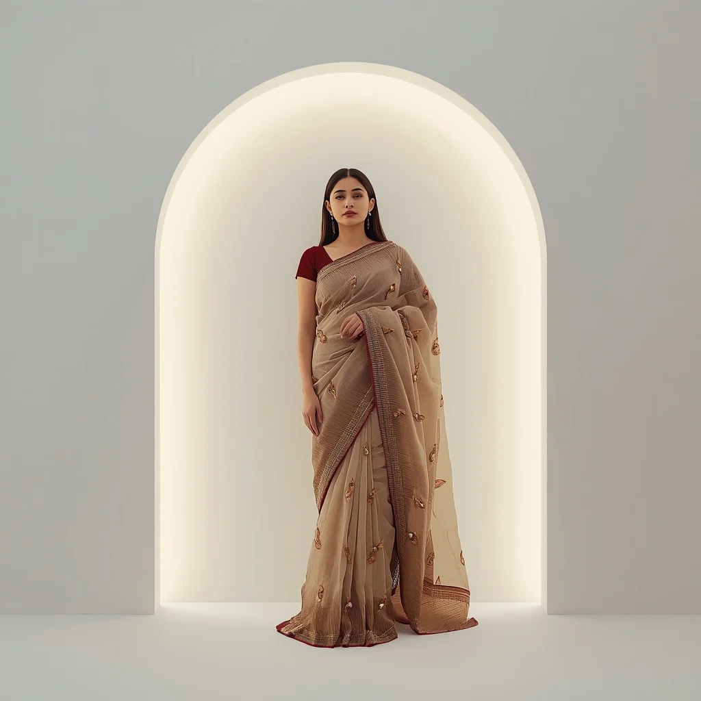 Full Body Modern Saree Lean on Glowing Archway | New Instagram Trend Prompt For Girl And Boy