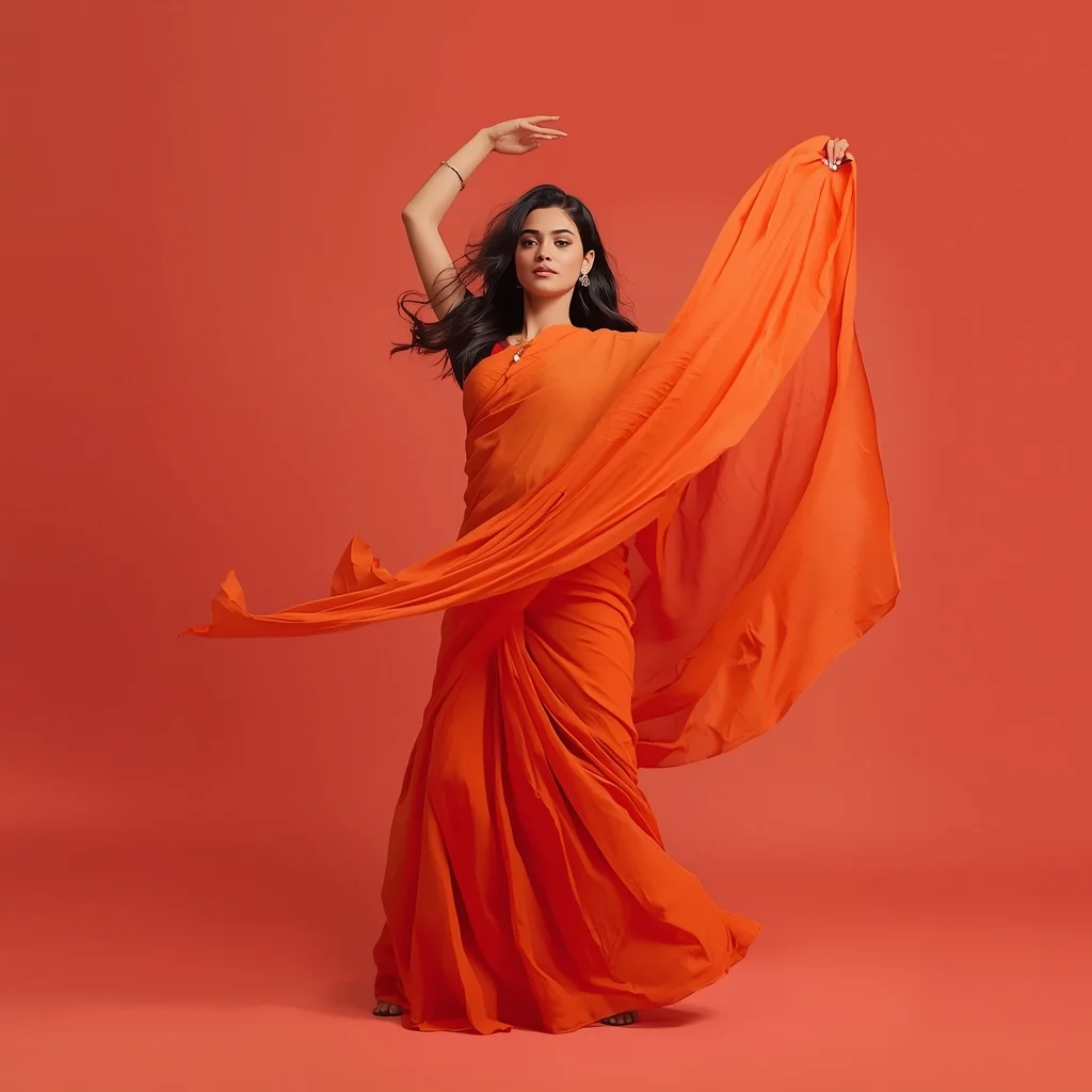 Full Body Orange Crepe Saree Studio Dance Pose with Dynamic Motion and Fabric Flow | Beautiful Saree Girl Ai Prompt Cinematic