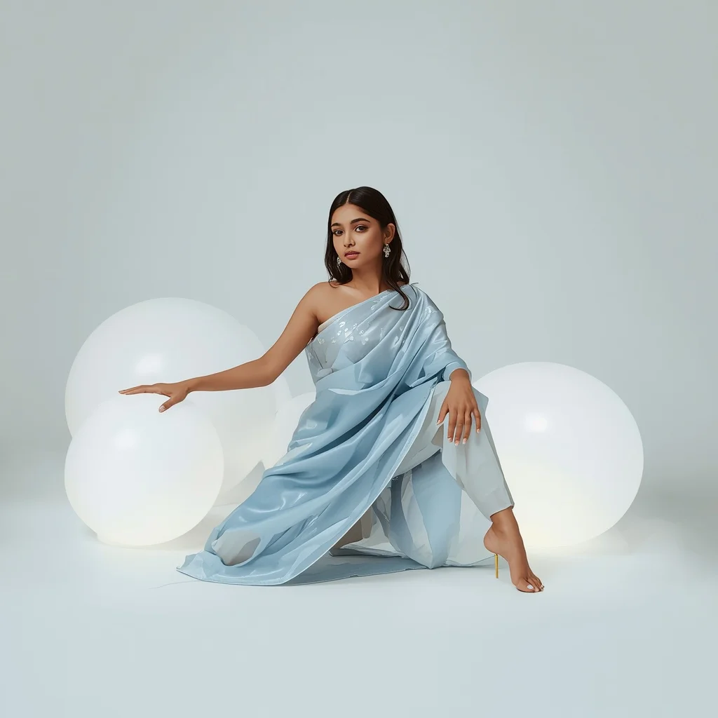 Full Body Pale Sky Blue Giant Luminous Pearls Floor Crouch Pose | Trending Photo Prompt