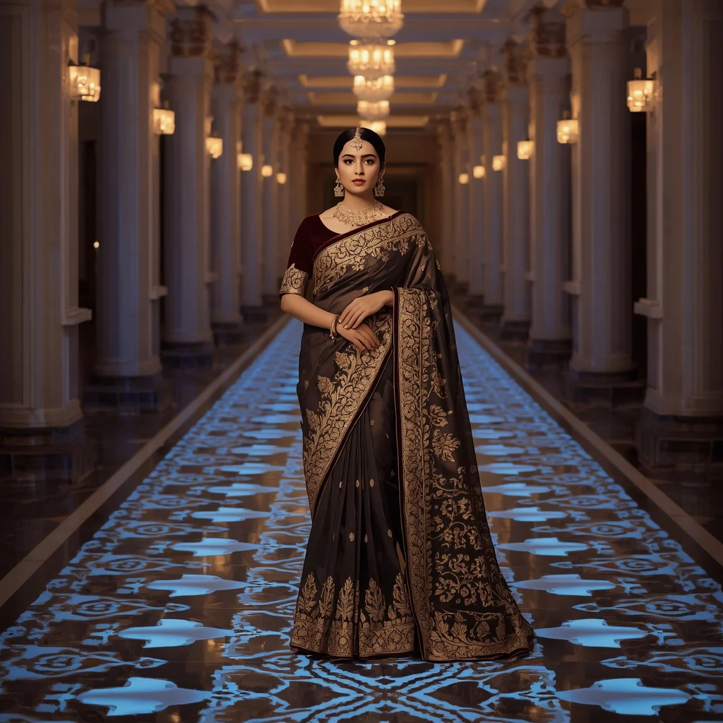 Full Body Royal Heritage Saree Stance in Bioluminescent Palace Corridor | Stable Diffusion Prompt
