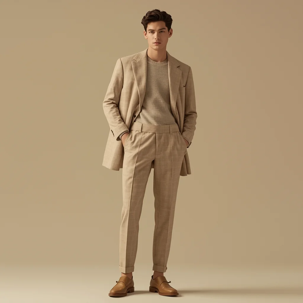 Full Body Soft Warm Ivory Sandstone Studio Pose with Elegant Masculine Finish | Fashion Ai Prompt